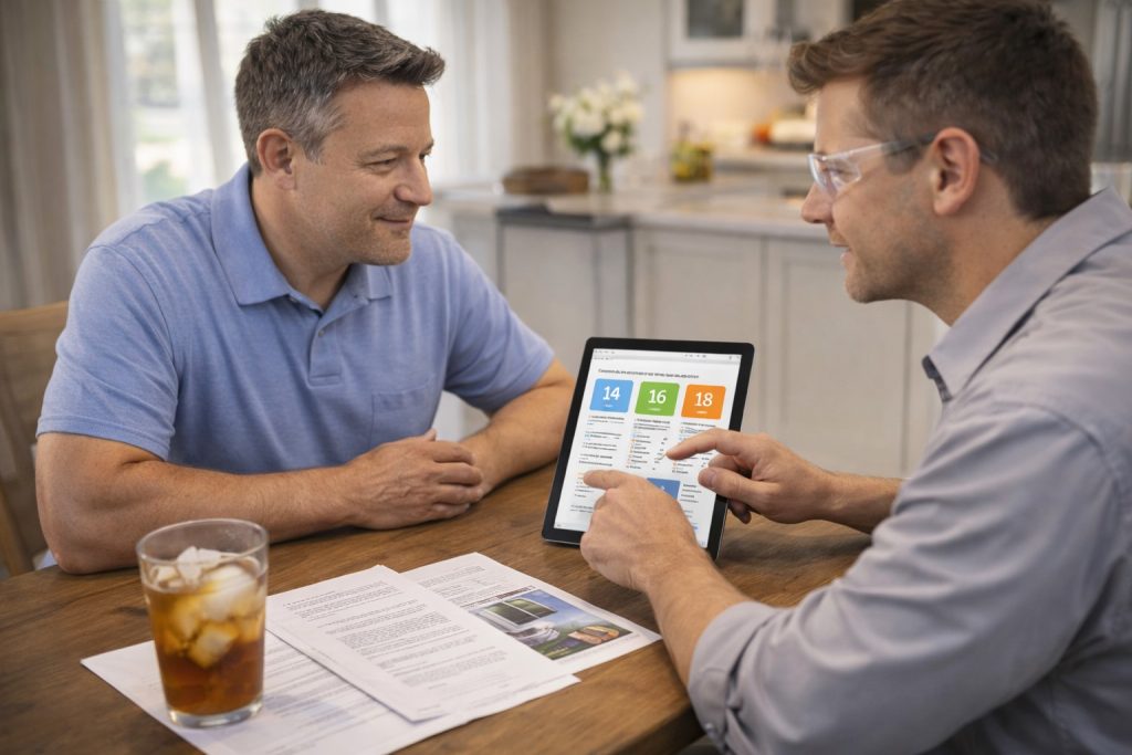 Homeowner reviewing AC installation options with HVAC consultant in Staten Island kitchen.
