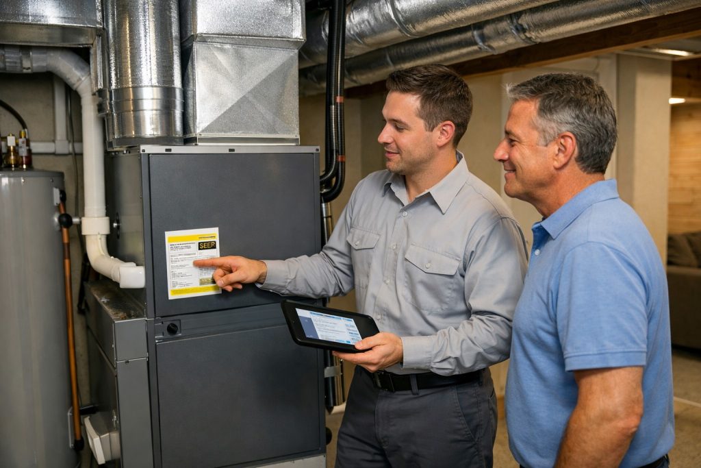 Homeowner discussing new AC system installation with technician in Staten Island basement
