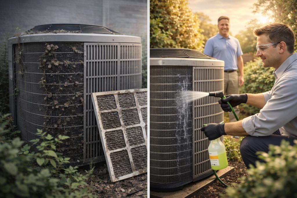 Before-and-after scene of AC maintenance showing cleaned unit and homeowner satisfaction in Staten Island.
