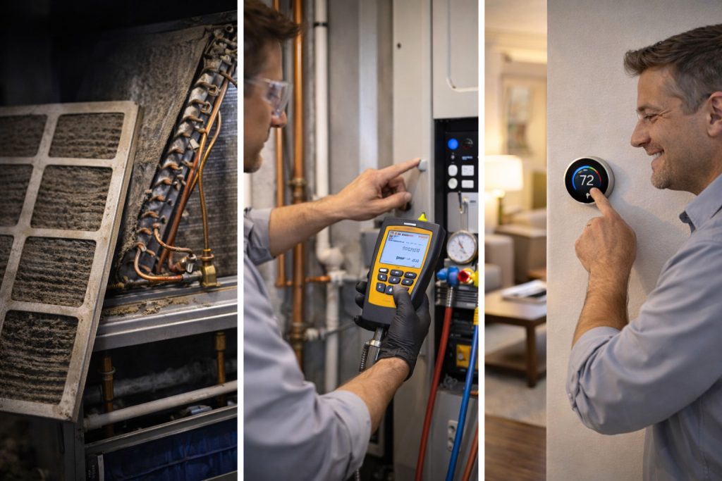 Collage of AC maintenance steps showing filter cleaning, testing, and improved comfort in Staten Island home.
