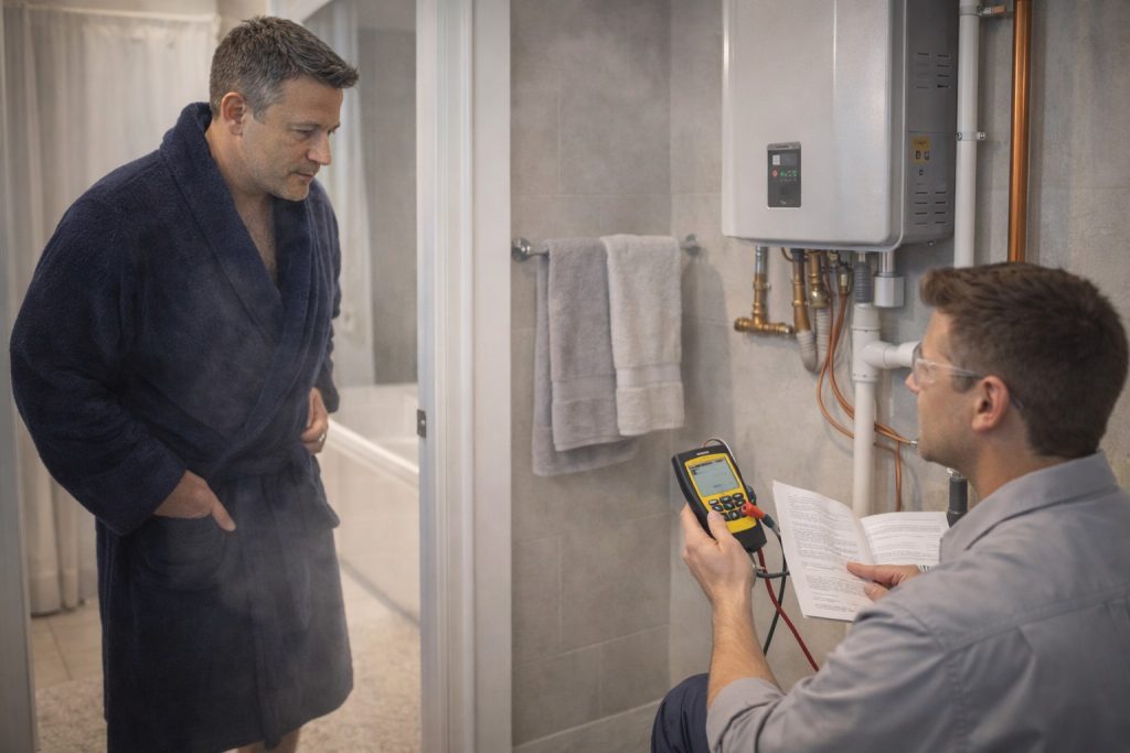 Technician diagnosing broken tankless water heater with multimeter while Staten Island homeowner in robe observes from bathroom doorway.
