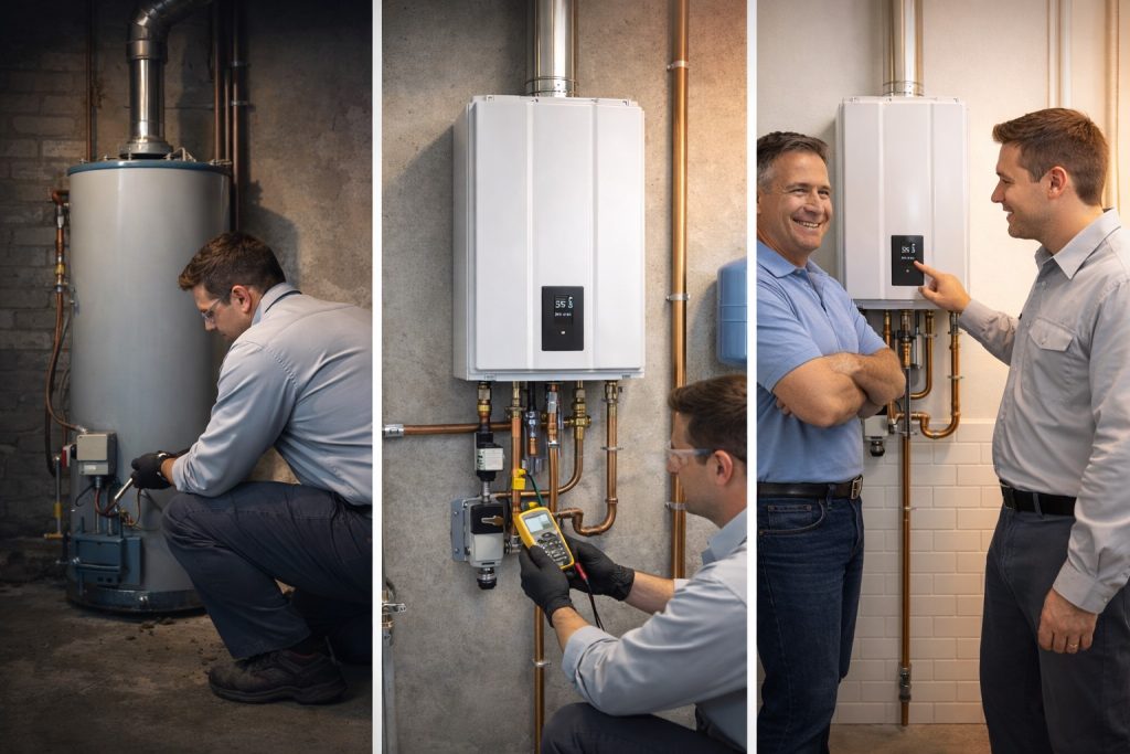 Collage of tank water heater removal, tankless install, and homeowner satisfaction in Staten Island.
