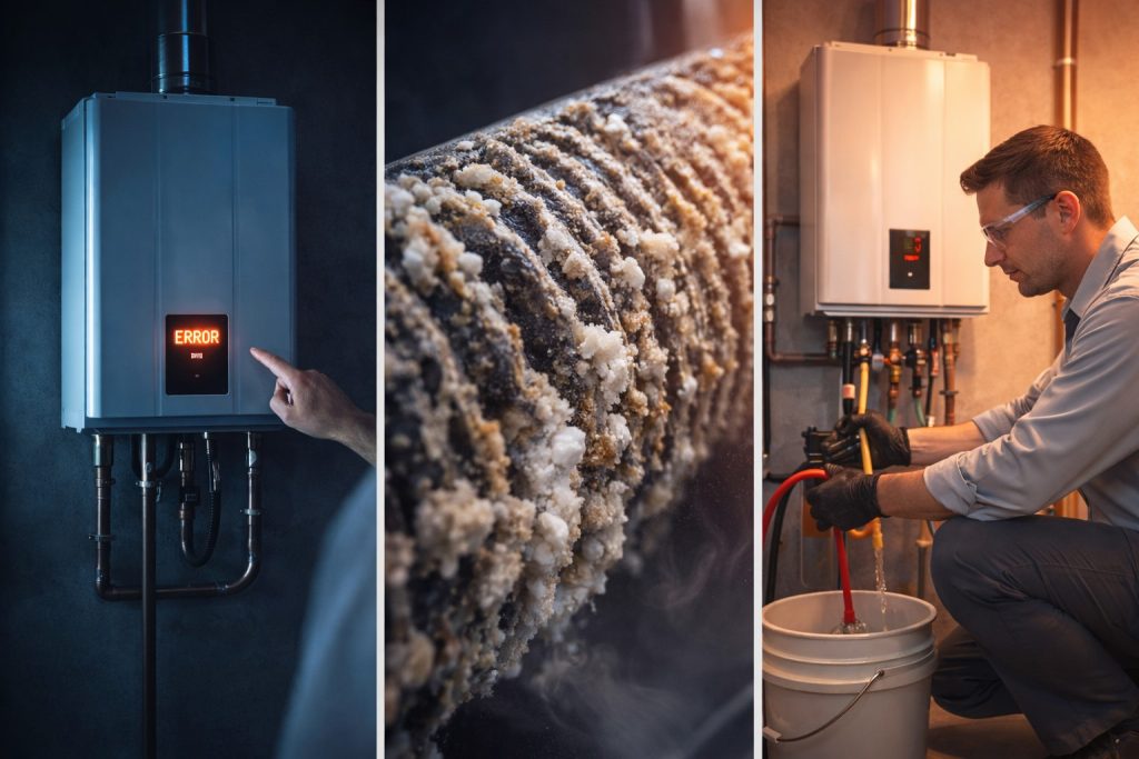 Visual sequence of tankless water heater issue, scale buildup, and system flush repair
