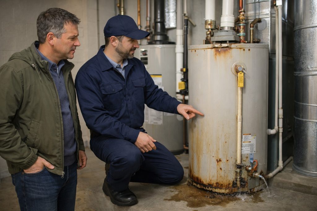 Technician and homeowner inspecting rusted leaking water heater in Staten Island home.

