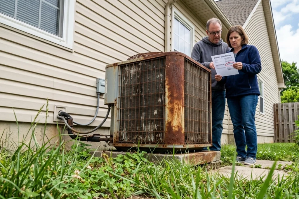 A pair of homeowners standing next to their old AC condenser unit