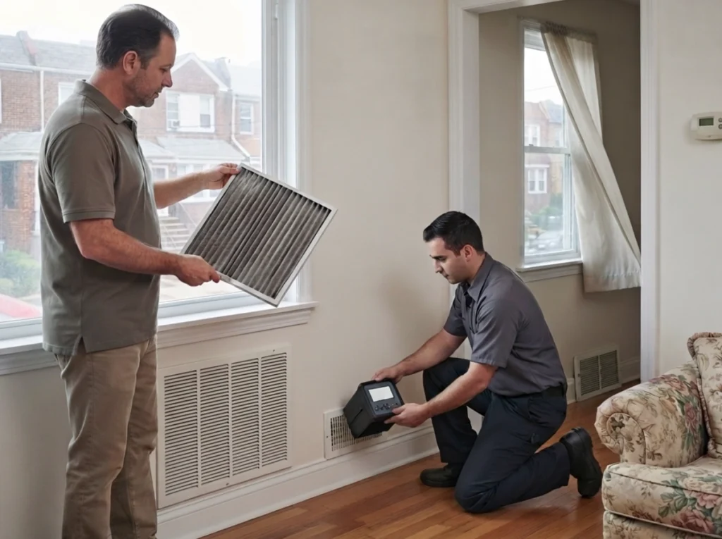 Staten Island homeowner checking a clogged filter and obstructed AC vent