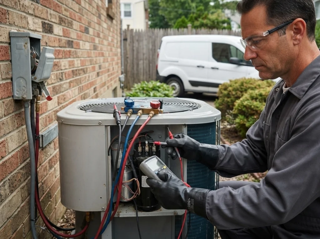 Staten Island HVAC technician testing a failed AC compressor