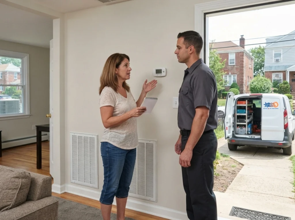 Staten Island homeowner describing AC symptoms during a same-day repair visit