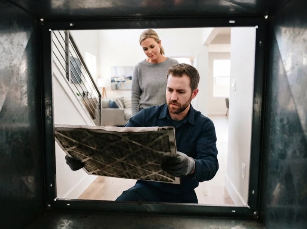 Staten Island homeowner checking a clogged AC filter
