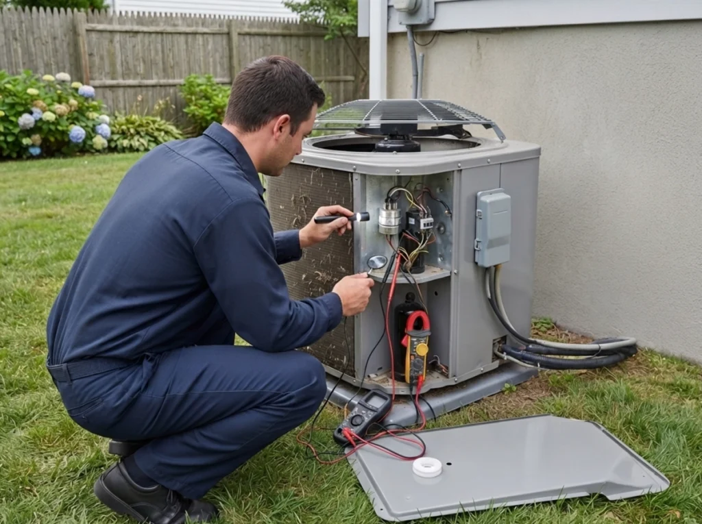 HVAC technician diagnosing unusual condenser noise before AC failure