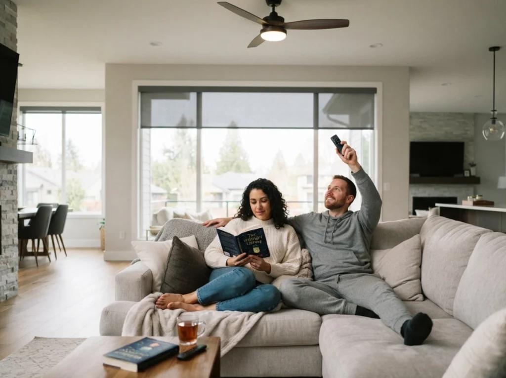 Husband and wife relax on the couch while the husband turns on the ceiling fan.