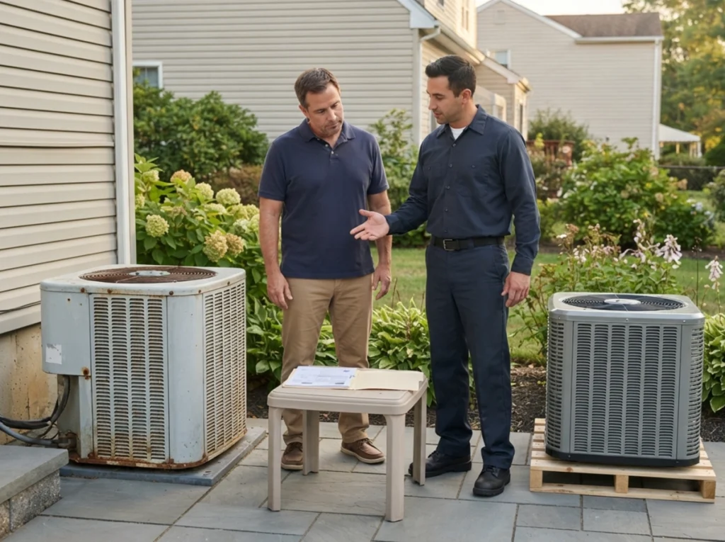 Staten Island homeowner comparing AC repair and replacement options