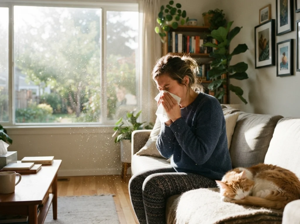 A woman sitting next to her sleeping cat and sneezing due to the dust and allergens in the air.