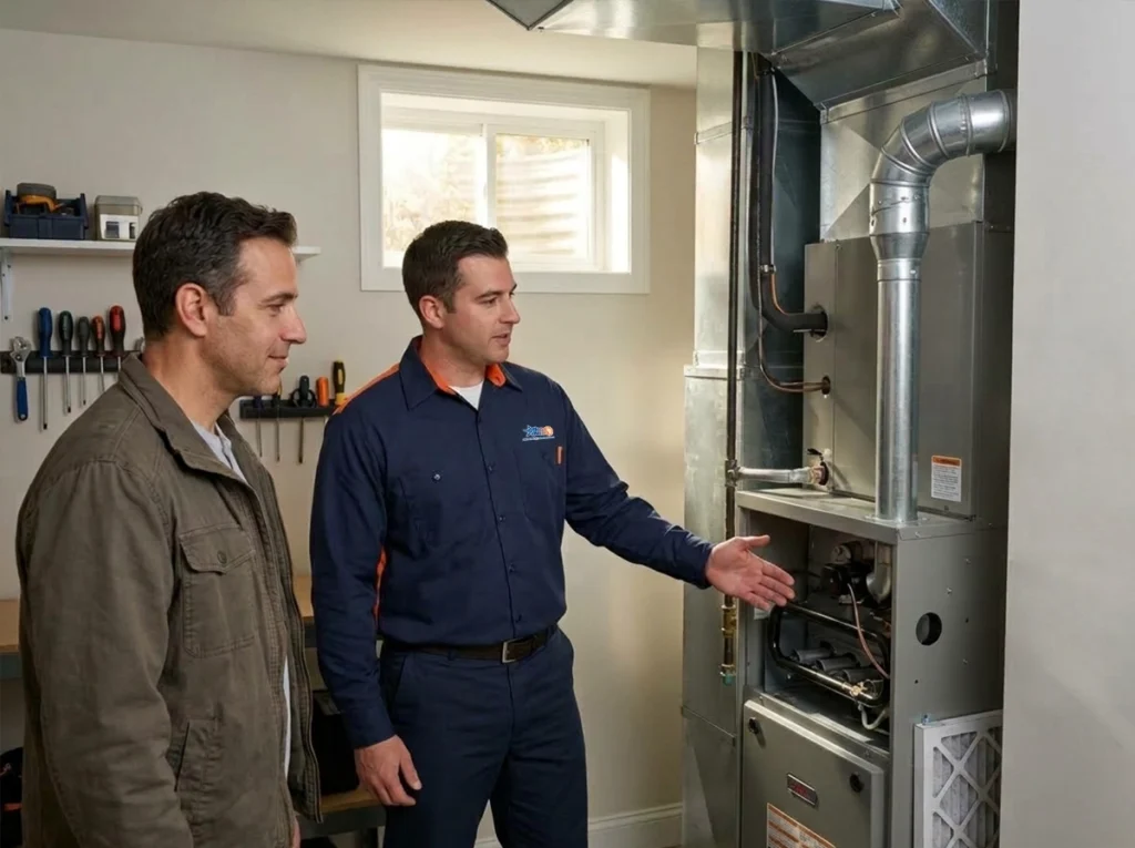 Staten Island homeowner discussing fall furnace maintenance with HVAC technician